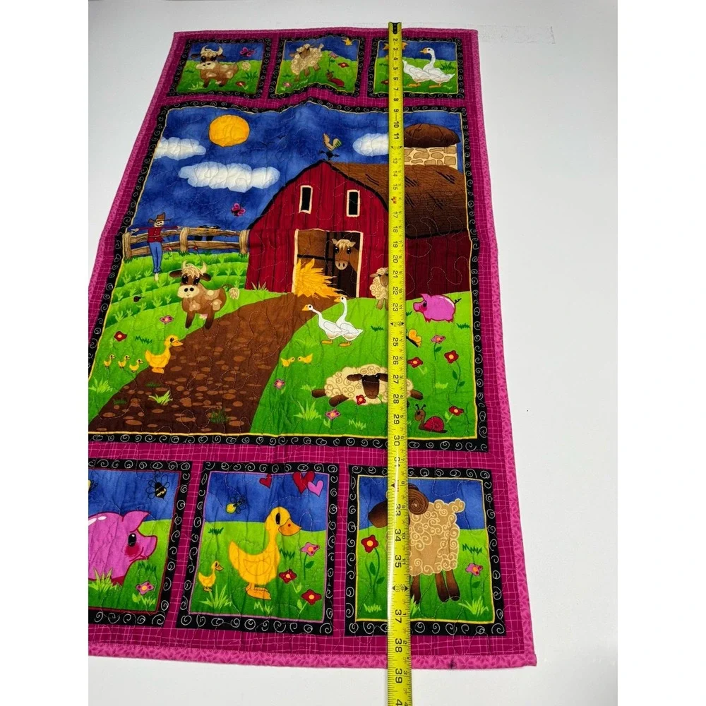 Vintage Handquilted Baby Quilt-Farm Animals~Cow Ducks Chicken Horse~39 x 21.5 In
